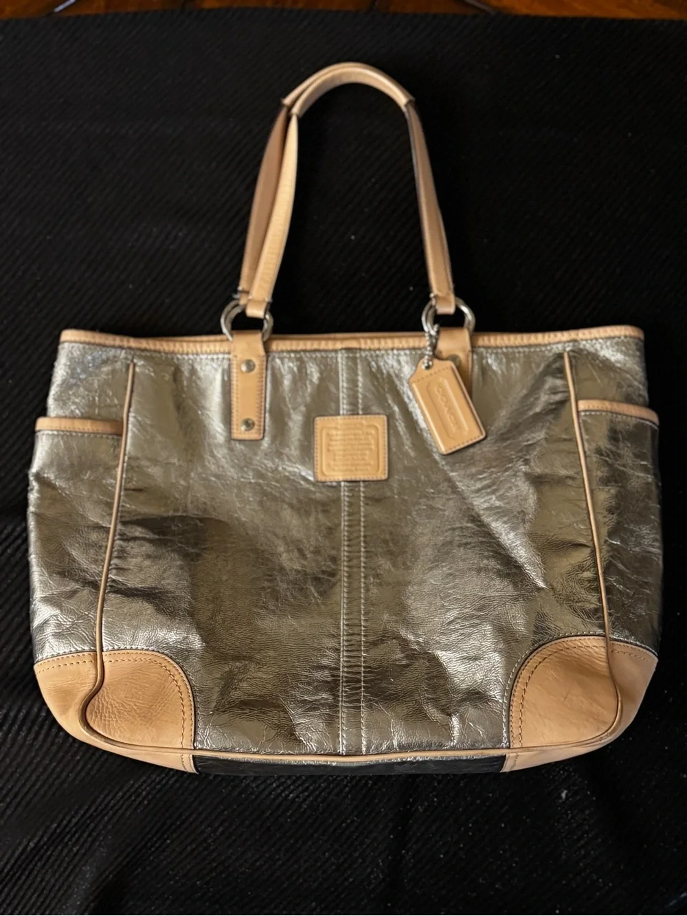 Coach Metallic Silver Leather Tote with Tan Trim
